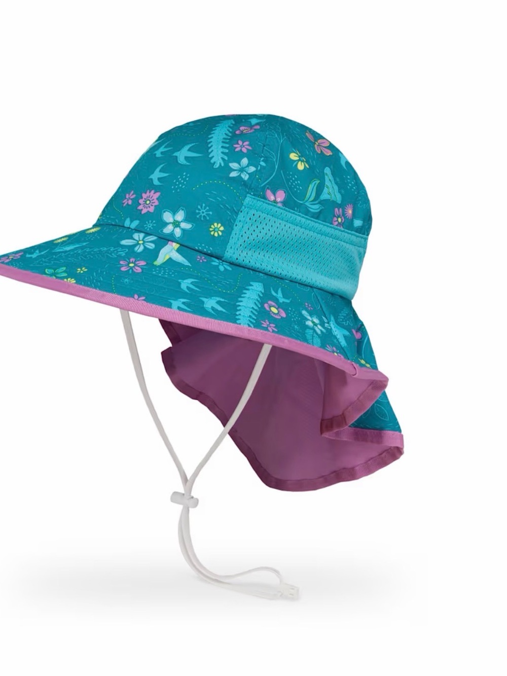 Sunday Afternoons Kids Play Hat Teal Floral Hummingbird with Purple Trim Large